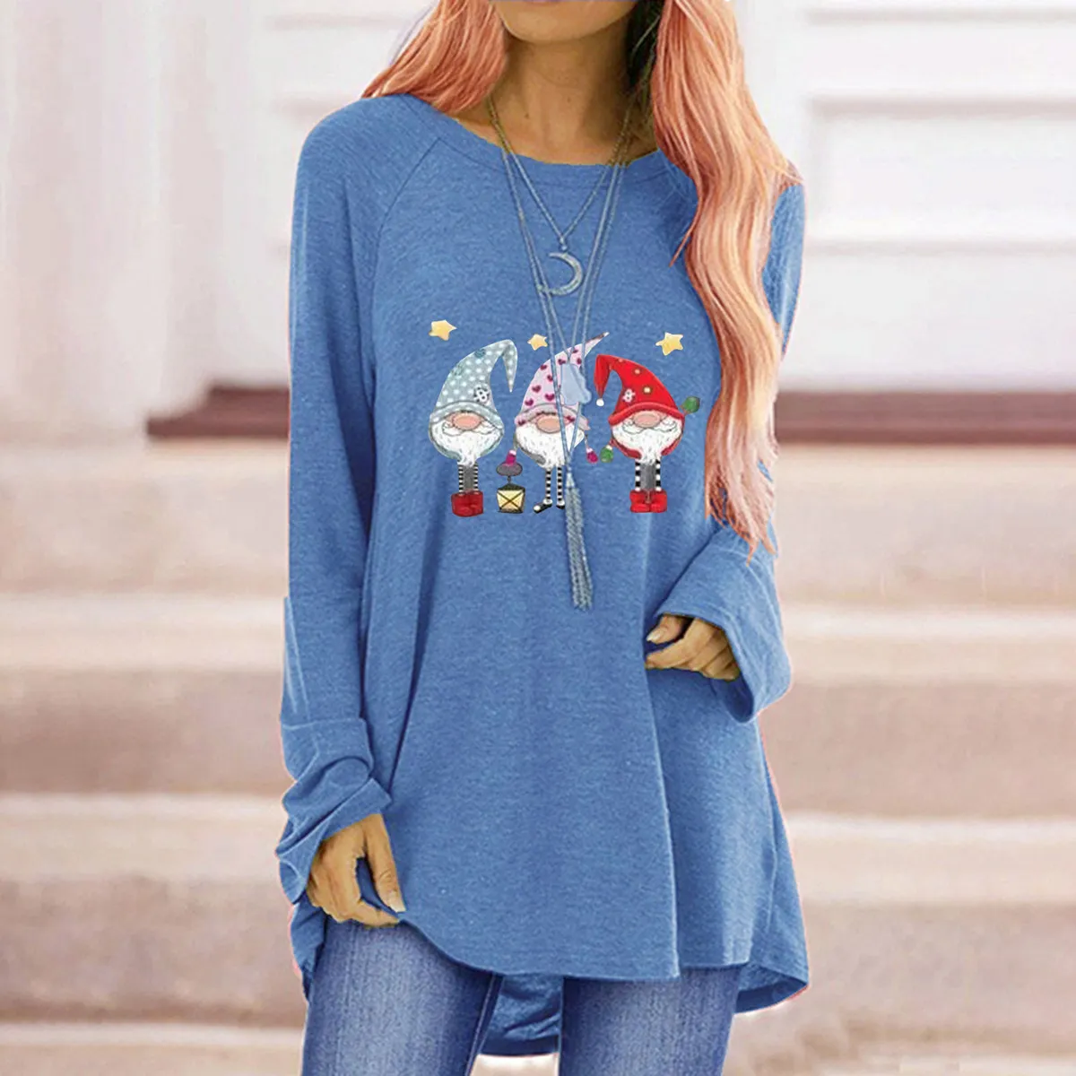 Women Christmas Santa Claus Print Loose Crewneck Long Sleeve T-Shirt