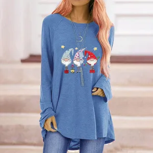Women Christmas Santa Claus Print Loose Crewneck Long Sleeve T-Shirt