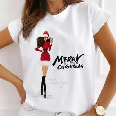 Christmas Gift Printed Women Short-Sleeved Casual Crewneck T-Shirt Lovable Fresh Sweet Loose Modal Pullover