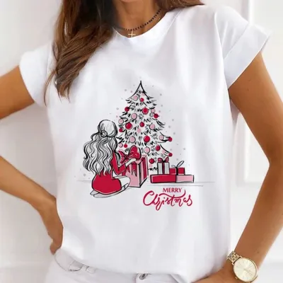 Christmas Gift Printed Women Short-Sleeved Casual Crewneck T-Shirt Lovable Fresh Sweet Loose Modal Pullover