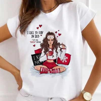 Christmas Gift Printed Women Short-Sleeved Casual Crewneck T-Shirt Lovable Fresh Sweet Loose Modal Pullover