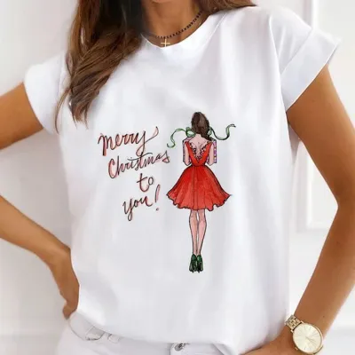 Christmas Gift Printed Women Short-Sleeved Casual Crewneck T-Shirt Lovable Fresh Sweet Loose Modal Pullover
