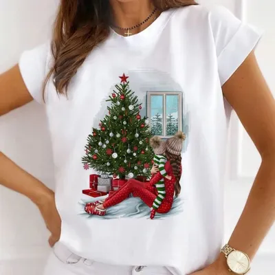Christmas Gift Printed Women Short-Sleeved Casual Crewneck T-Shirt Lovable Fresh Sweet Loose Modal Pullover