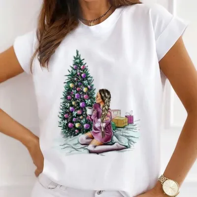 Christmas Gift Printed Women Short-Sleeved Casual Crewneck T-Shirt Lovable Fresh Sweet Loose Modal Pullover