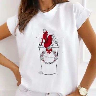 Christmas Gift Printed Women Short-Sleeved Casual Crewneck T-Shirt Lovable Fresh Sweet Loose Modal Pullover