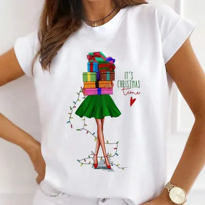 Christmas Gift Printed Women Short-Sleeved Casual Crewneck T-Shirt Lovable Fresh Sweet Loose Modal Pullover