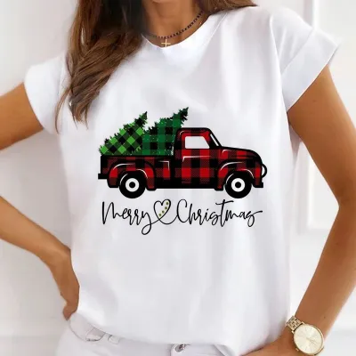 Christmas Gift Printed Women Short-Sleeved Casual Crewneck T-Shirt Lovable Fresh Sweet Loose Modal Pullover