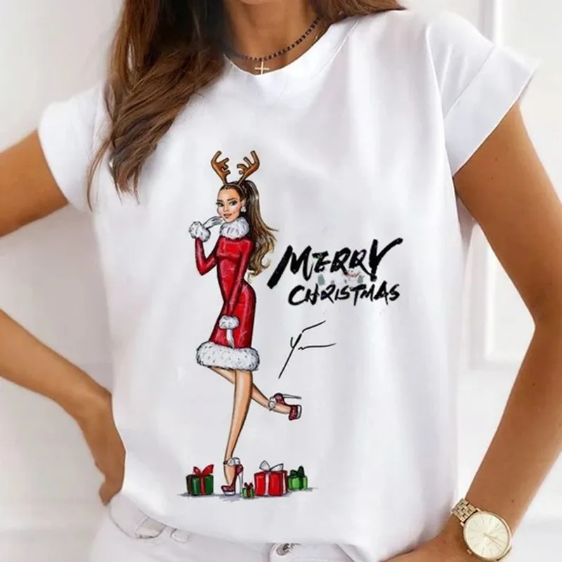 Christmas Gift Printed Women Short-Sleeved Casual Crewneck T-Shirt Lovable Fresh Sweet Loose Modal Pullover