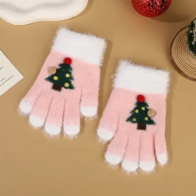 Kids Autumn Winter Cartoon Christmas Knitted Finger Gloves