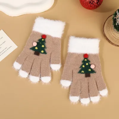 Kids Autumn Winter Cartoon Christmas Knitted Finger Gloves