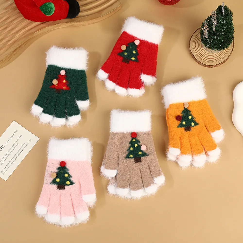 Kids Autumn Winter Cartoon Christmas Knitted Finger Gloves