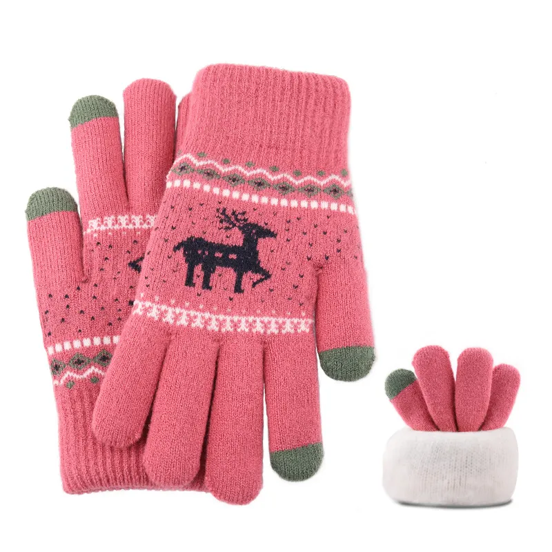 Christmas Jacquard Double Layer Fawn Touch Screen Mittens