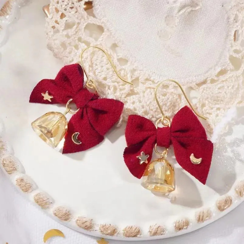Christmas Winter Crystal Bell Bow Earrings for Party