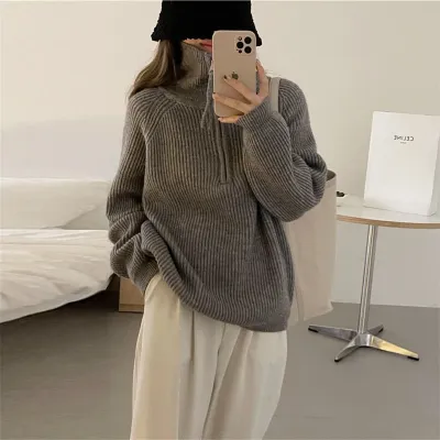 Women Casual Autumn Winter Solid Color Stand Collar Half-Zip Long-Sleeve Loose Knitted Sweater