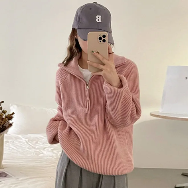 Women Casual Autumn Winter Solid Color Stand Collar Half-Zip Long-Sleeve Loose Knitted Sweater