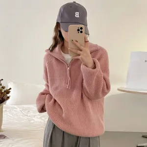Women Casual Autumn Winter Solid Color Stand Collar Half-Zip Long-Sleeve Loose Knitted Sweater