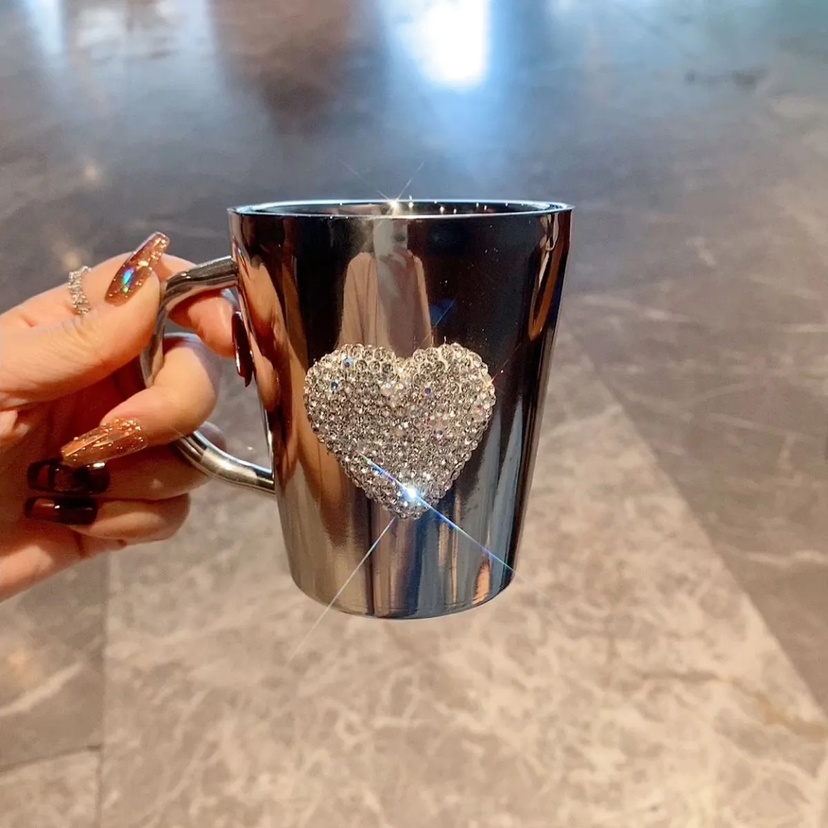 Rhinestone-Encrusted Heart 304 Stainless Steel Simple Coffee Mug