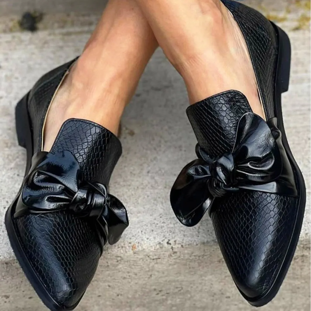 Pointed Toe Women Elegant Bow Low Heel Loafers Shoes