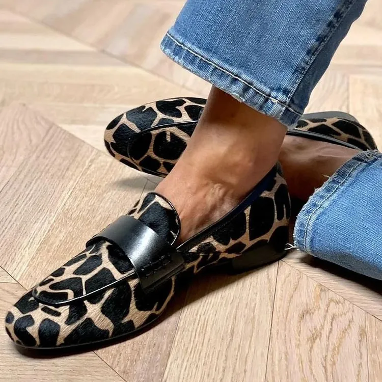 Spring Autumn Fashion Flat Plus Size Casual Leopard Round-Toe Loafers