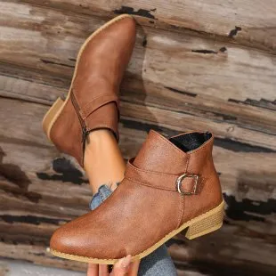 Women Vintage Side Zipper Low Heel Short Ankle Boots