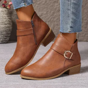Women Vintage Side Zipper Low Heel Short Ankle Boots