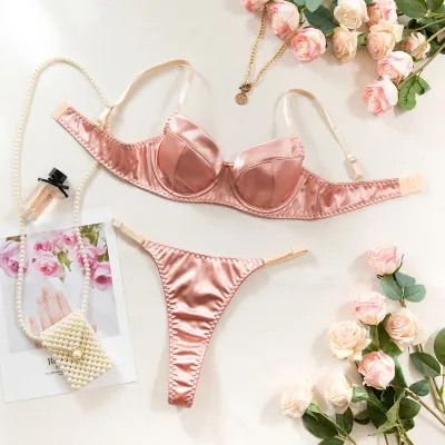 Women Sexy Solid Color Satin Bra Set