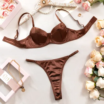 Women Sexy Solid Color Satin Bra Set