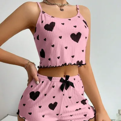 Women Sexy Strip Love Print Camisole Slim Fit Shorts Pajamas Two-Piece Set