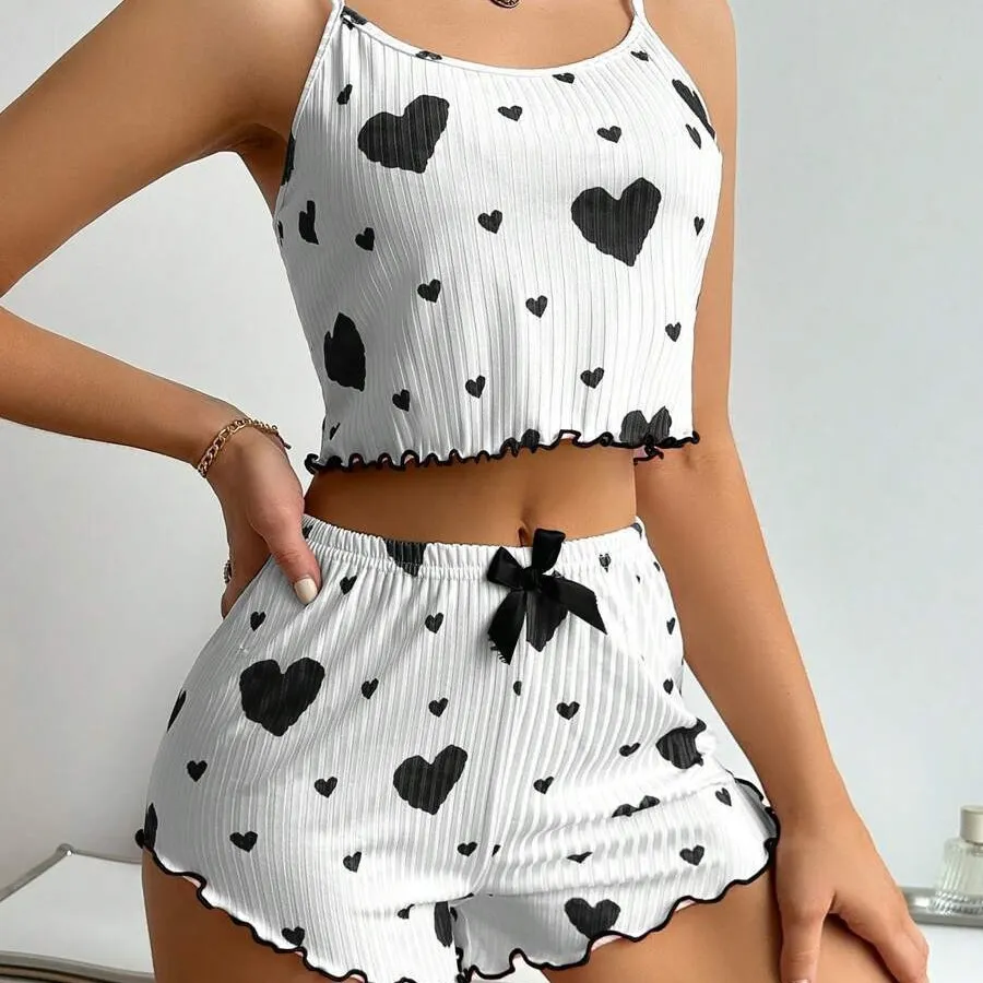 Women Sexy Strip Love Print Camisole Slim Fit Shorts Pajamas Two-Piece Set