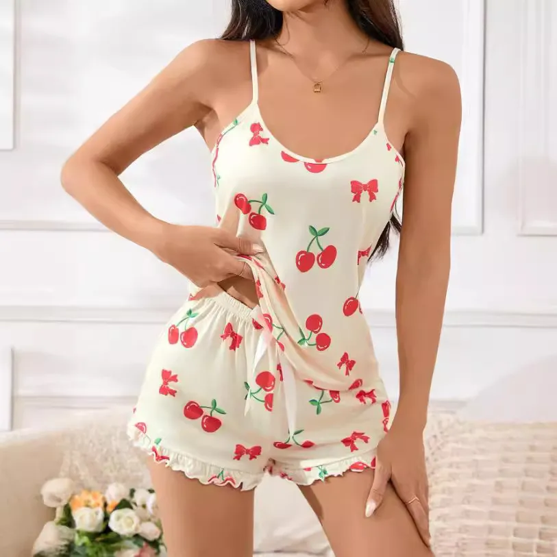 Women Sexy Cherry Print Camisole Loose Shorts Pajamas Two-Piece Set