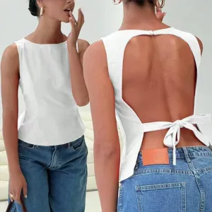 Sexy Women Backless Sleeveless Slim Fit Blouse Solid Color