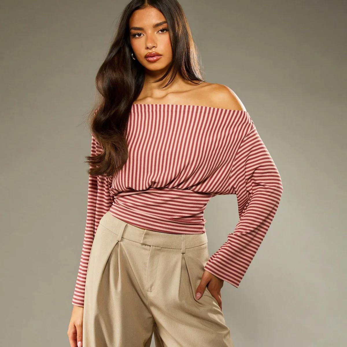 Women Autumn Winter Elegant Fashion Stripe Off-Shoulder Tight Waist Blouse