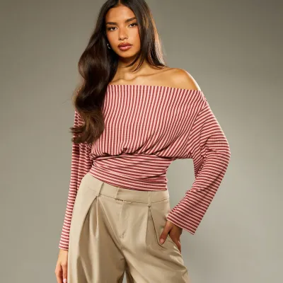 Women Autumn Winter Elegant Fashion Stripe Off-Shoulder Tight Waist Blouse