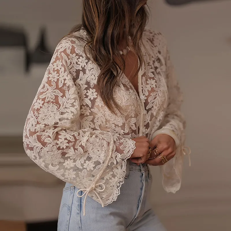Women Hollow Out Casual Lace Blouse