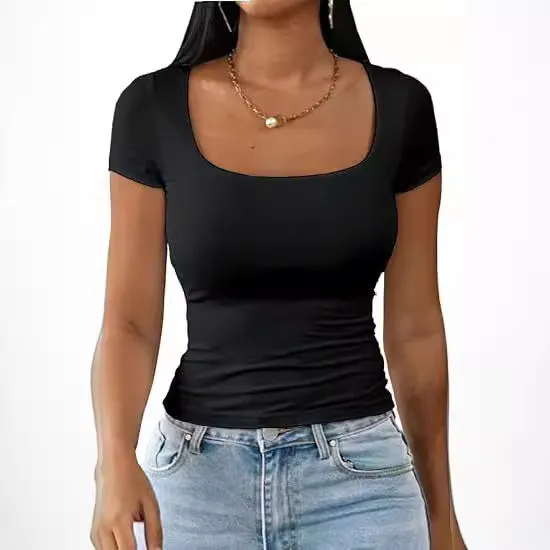Summer U-Neck Women Casual Slim-Fit Short-Sleeve T-Shirt