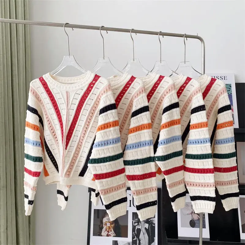 Women Casual Rainbow Stripe Bat Sleeve Sweater Knitwear for Autumn Winter