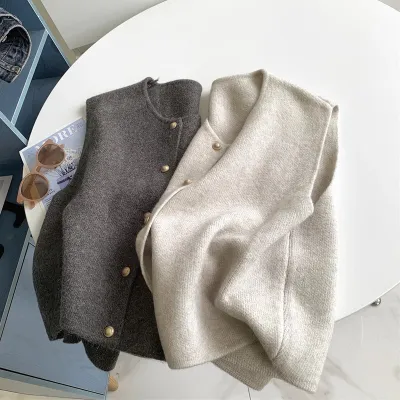 Women Winter Gold Button Crewneck Knitted Vest Cardigan Coat