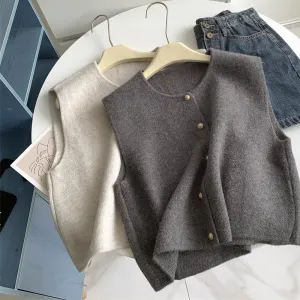 Women Winter Gold Button Crewneck Knitted Vest Cardigan Coat