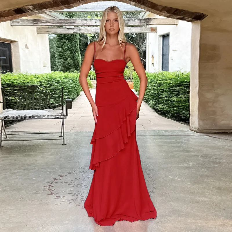 Women Sexy Solid Color Ruffled Bodycon Maxi Dress