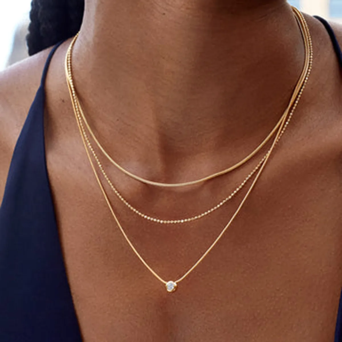 Women Simple Multi-Layered Titanium Steel Rhinestone Pendant Necklace
