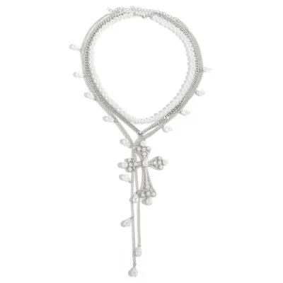 Women Fashion Punk Multi-Layer Imitation Pearl Cross Pendant Necklace