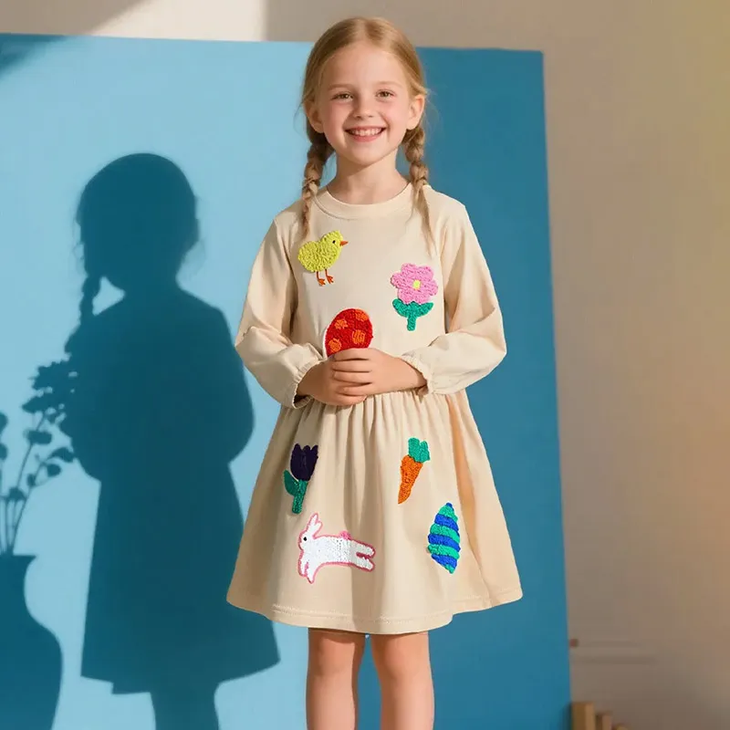 Kids Girls Fashion Cute Floral Embroidered Round-Neck Long Sleeve Cotton Dress
