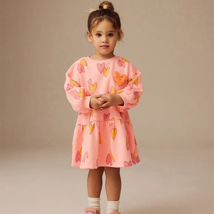 Kids Girls Fashion Autumn Cute Love Printed Round Neck Long Sleeve Cotton Dress