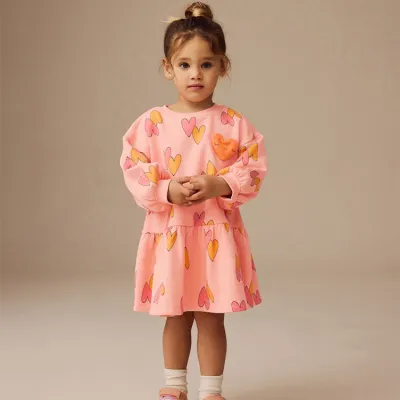Kids Girls Fashion Autumn Cute Love Printed Round Neck Long Sleeve Cotton Dress