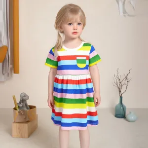 Kids Girls Rainbow Print Short-Sleeve Cotton Loose Dress