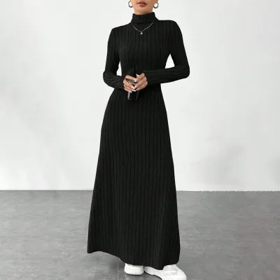 Women Fashion Casual Autumn And Winter Solid Color High Neck Long Sleeve Plush Dress
