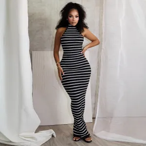 Women Sexy Stripe Sleeveless Backless Lace-Up Slim Fit Maxi Dress
