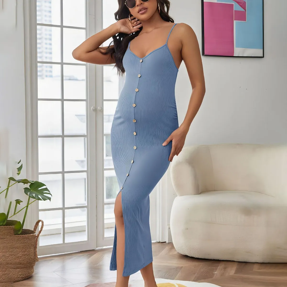 Pregnant Women Fashion Sexy Solid Color Spaghetti Strap Split Slim Fit Dress