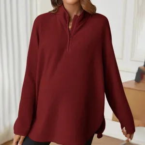Pregnant Women Casual Autumn Winter Solid Color Long-Sleeve Zipper Loose T-Shirt