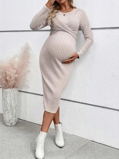 Pregnant Women Fashion Solid Color Round-Neck Long Sleeve Slim-Fit Maternity Dress